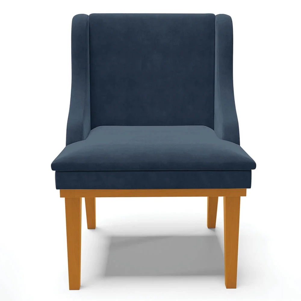Kit 8 Cadeiras Estofadas para Sala de Jantar Base Fixa de Madeira Castanho Lia Suede Azul Marinho - Ibiza