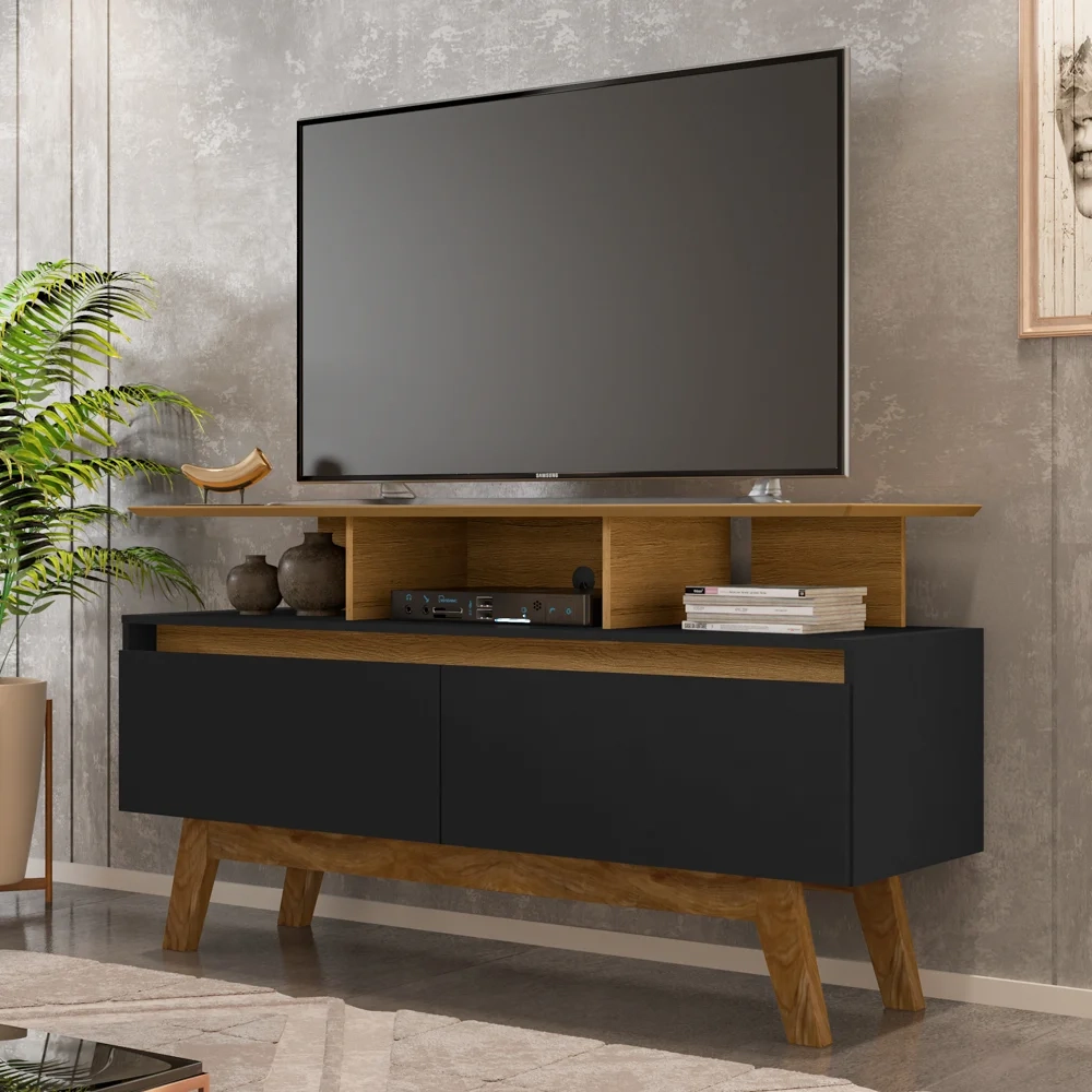 Rack Bancada Para TV Até 50 Pol. 2 Portas Rubi 1.2 Cinamomo/Preto Fosco - Bechara