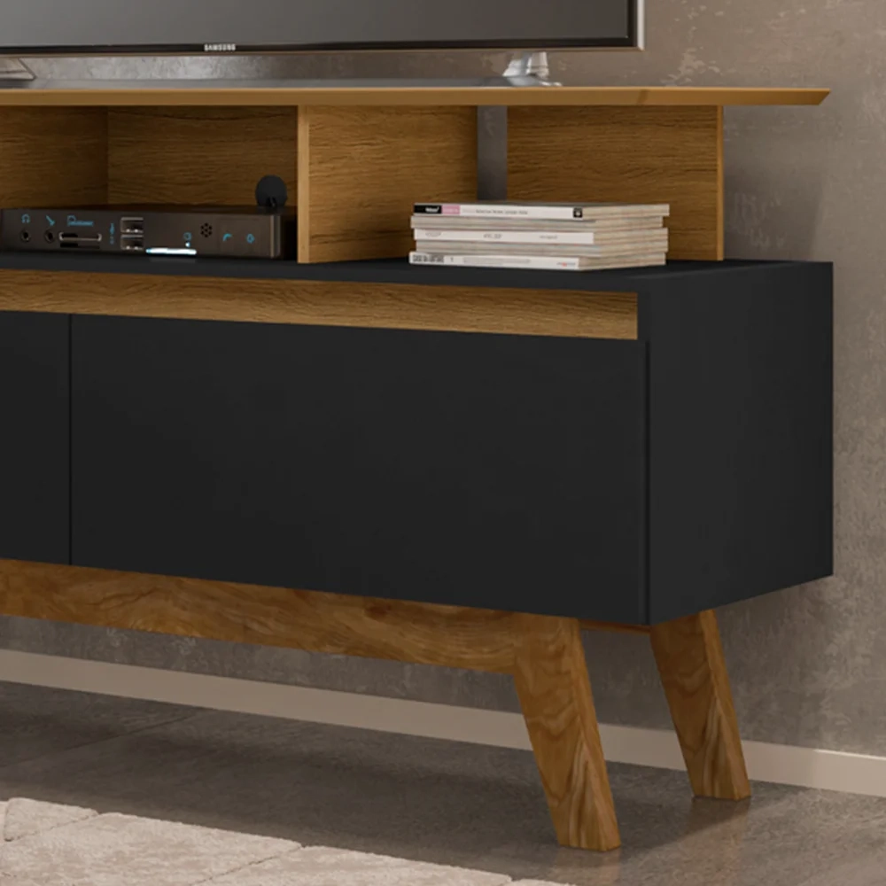 Rack Bancada Para TV Até 50 Pol. 2 Portas Rubi 1.2 Cinamomo/Preto Fosco - Bechara
