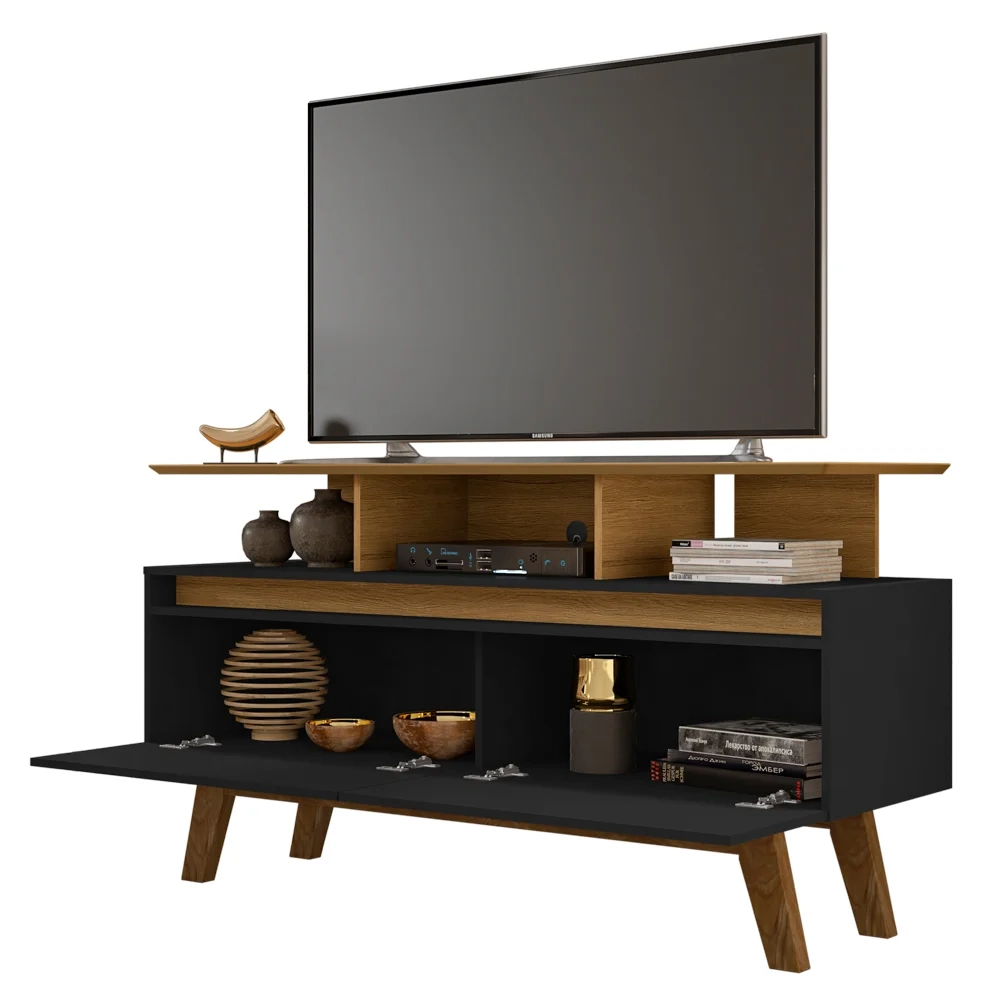 Rack Bancada Para TV Até 50 Pol. 2 Portas Rubi 1.2 Cinamomo/Preto Fosco - Bechara