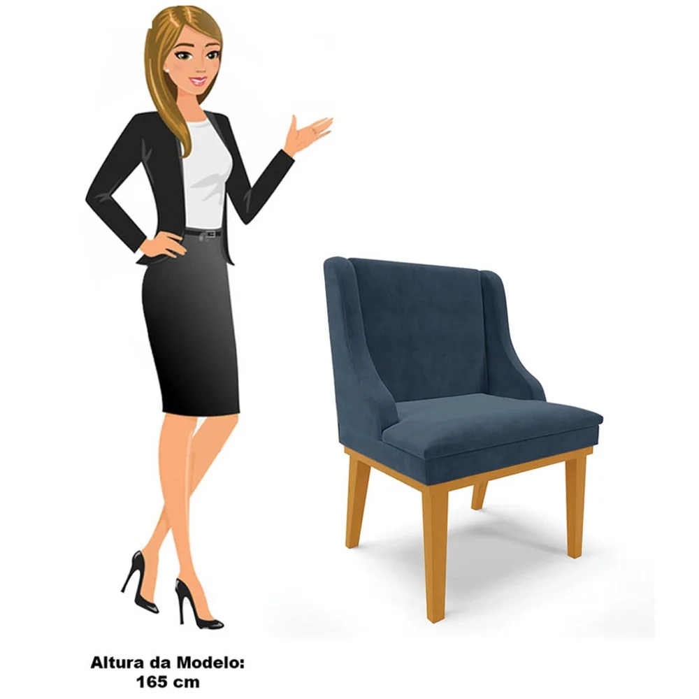 Kit 6 Cadeiras Estofadas para Sala de Jantar Base Fixa de Madeira Castanho Lia Suede Azul Marinho - Ibiza