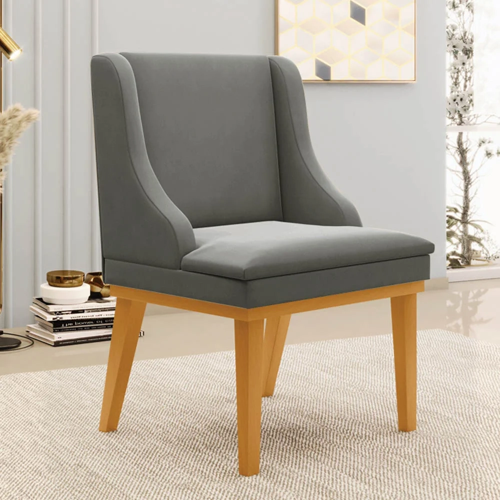 Kit 10 Cadeiras Estofadas para Sala de Jantar Base Fixa de Madeira Castanho Lia Suede Grafite - Ibiza