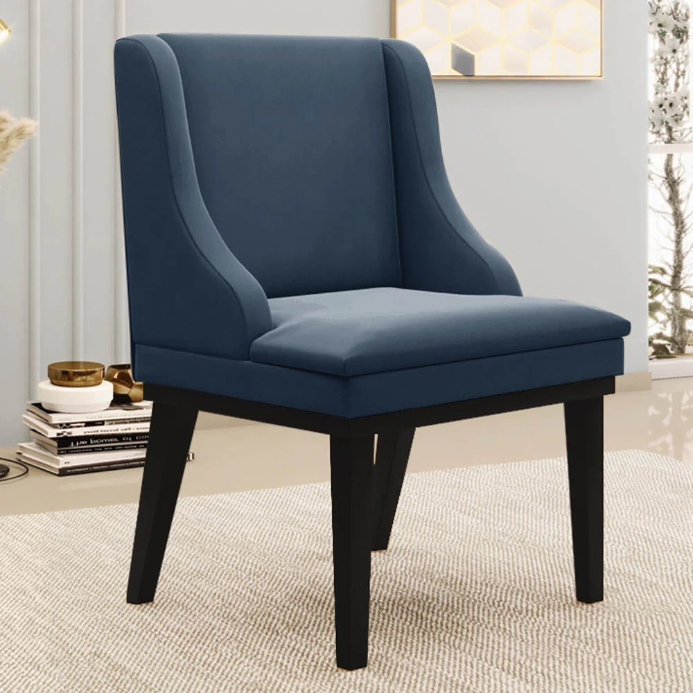 Kit 8 Cadeiras Estofadas para Sala de Jantar Base Fixa de Madeira Preto Lia Suede Azul Marinho - Ibiza