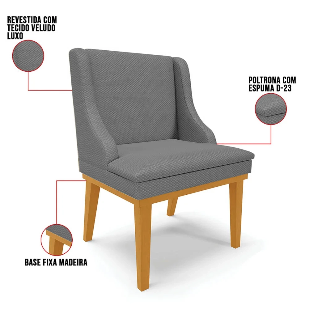 Kit 8 Cadeiras Estofadas para Sala de Jantar Base Fixa de Madeira Castanho Lia Veludo Grafite - Ibiza