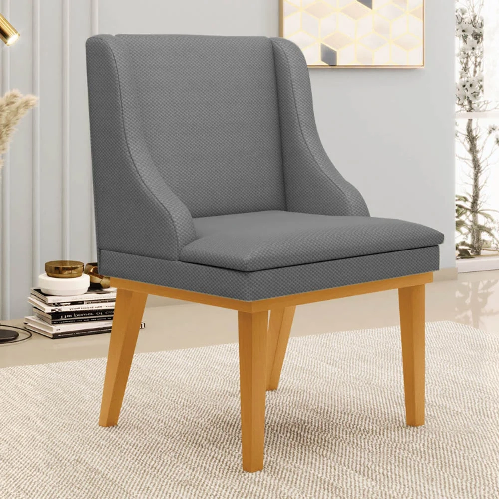 Kit 8 Cadeiras Estofadas para Sala de Jantar Base Fixa de Madeira Castanho Lia Veludo Grafite - Ibiza