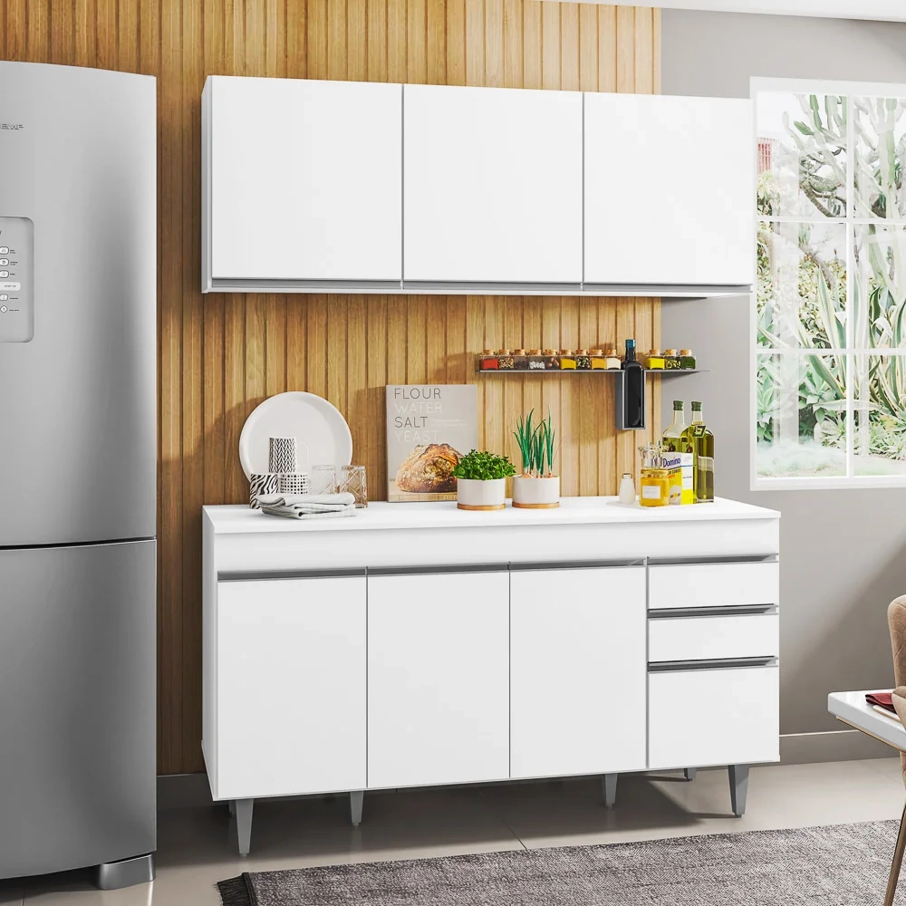 Armário Aéreo Argélia e Balcão Gabinete Para Pia 150cm com Tampo Marrocos  Branco - Lumil Móveis