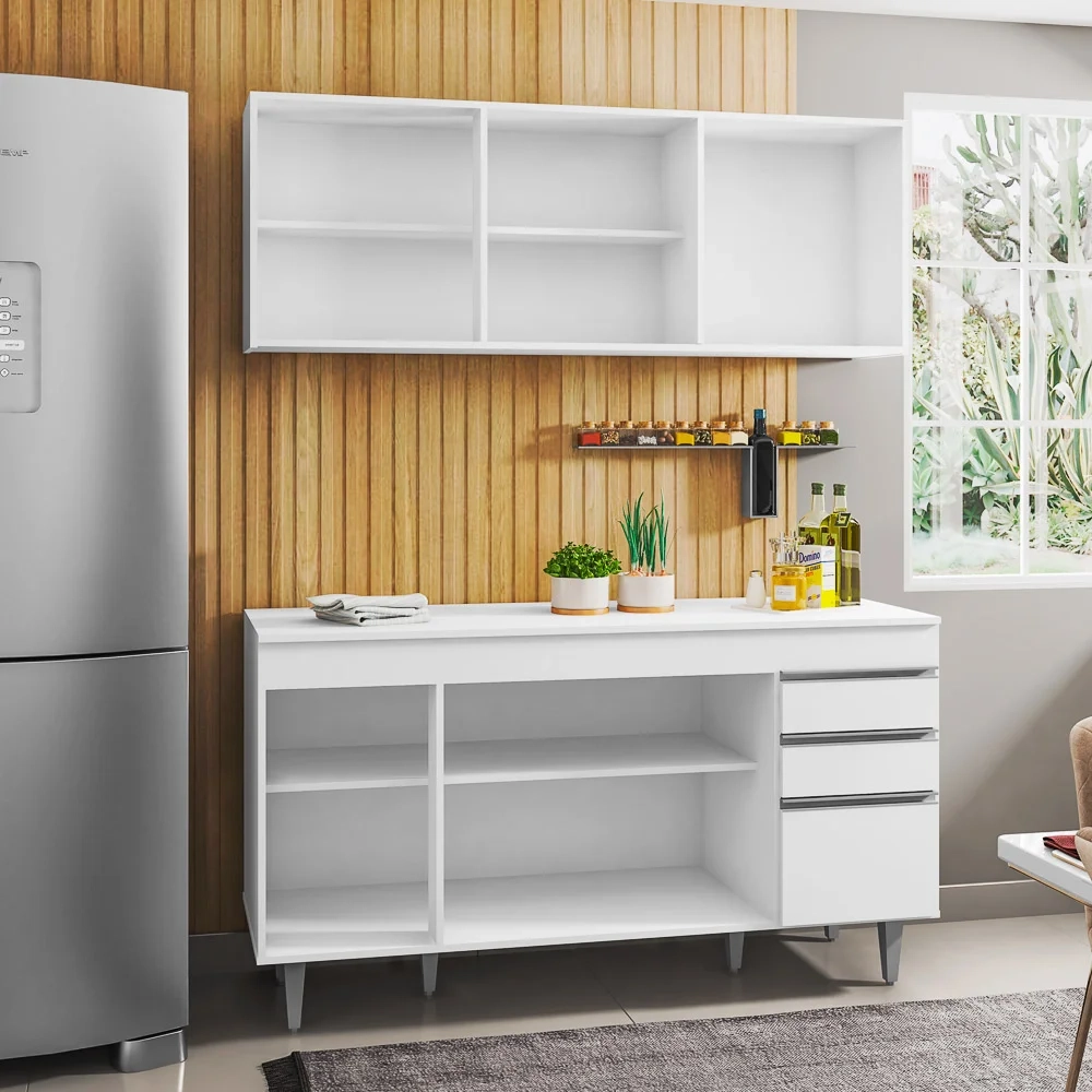 Armário Aéreo Argélia e Balcão Gabinete Para Pia 150cm com Tampo Marrocos  Branco - Lumil Móveis