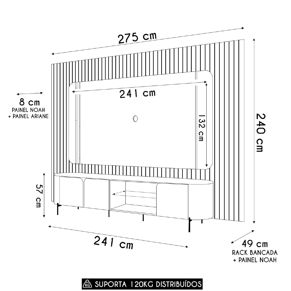 Painel TV 75 Pol 275cm Noah e Conjunto Ariane D04 Off/Freijó - Mpozenato