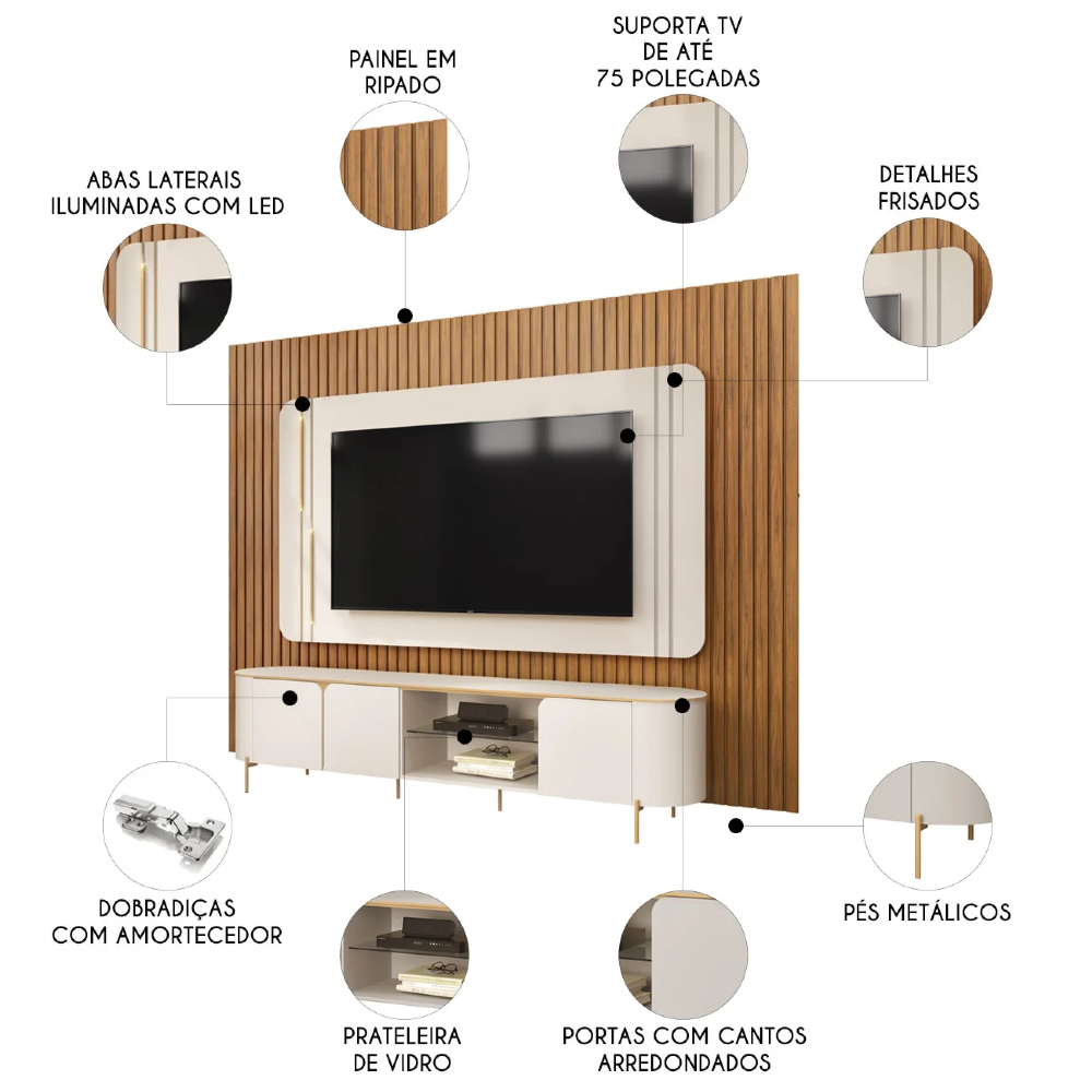 Painel TV 75 Pol 275cm Noah e Conjunto Ariane D04 Off/Freijó - Mpozenato