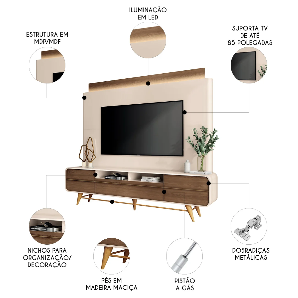 Estante Painel de TV 85 Pol 220cm Évora H01 Castanho/Off White - Mpozenato