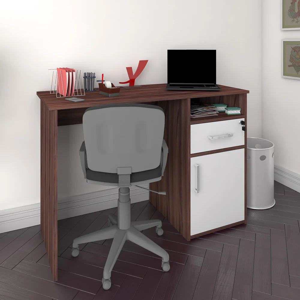 Escrivaninha Mesa para Escritório 1 Porta 1 Gaveta Mobile Hall Ipê/Branco  Artany