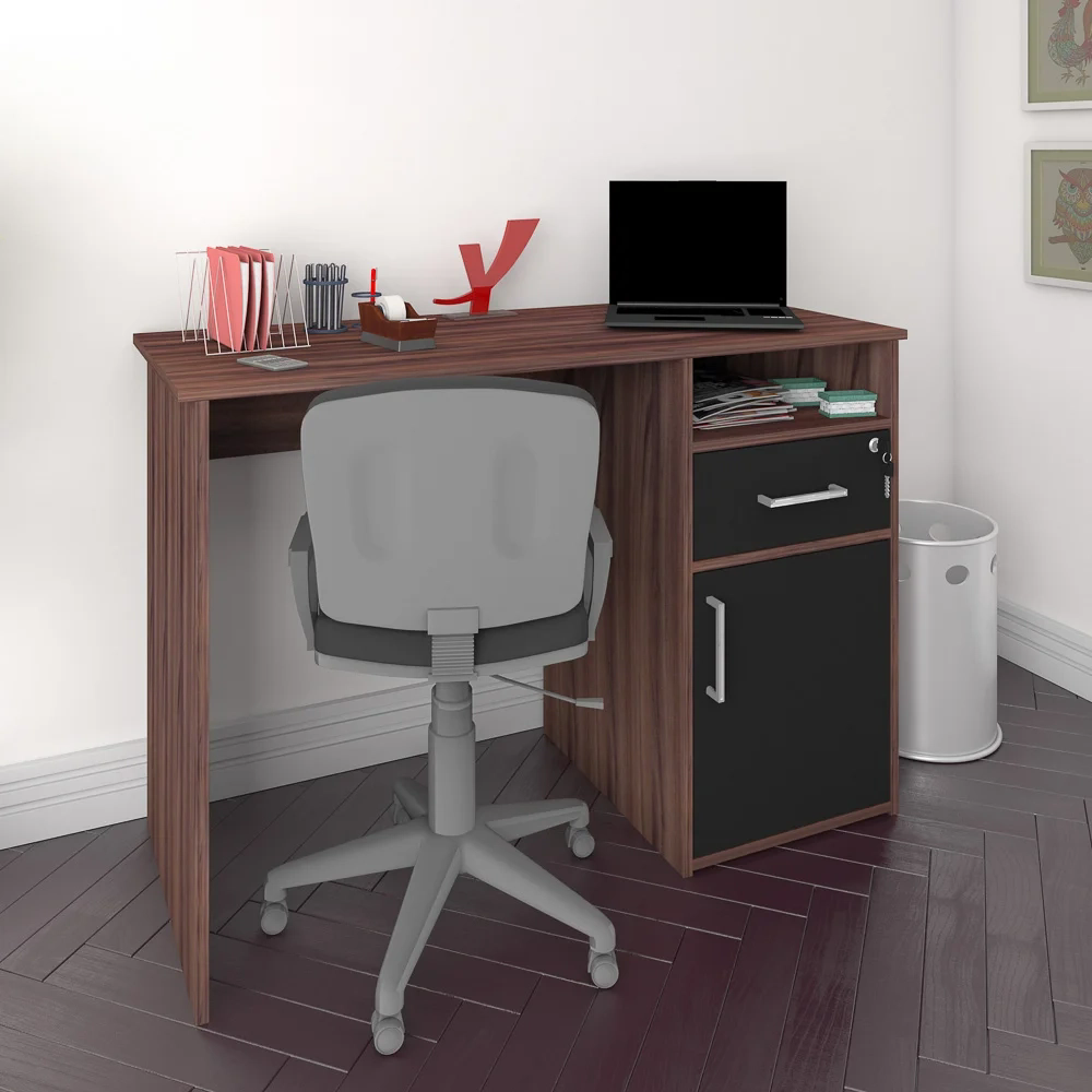 Escrivaninha Mesa para Escritório 1 Porta 1 Gaveta Mobile Hall Ipê/Preto  Artany