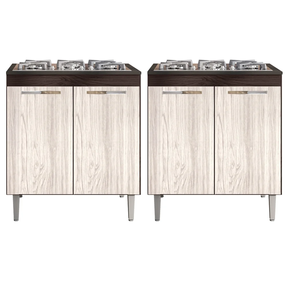 Kit 2 Balcões para Cooktop 5 Bocas 2 Portas Catarina Castanho/Avelã - AJL Móveis