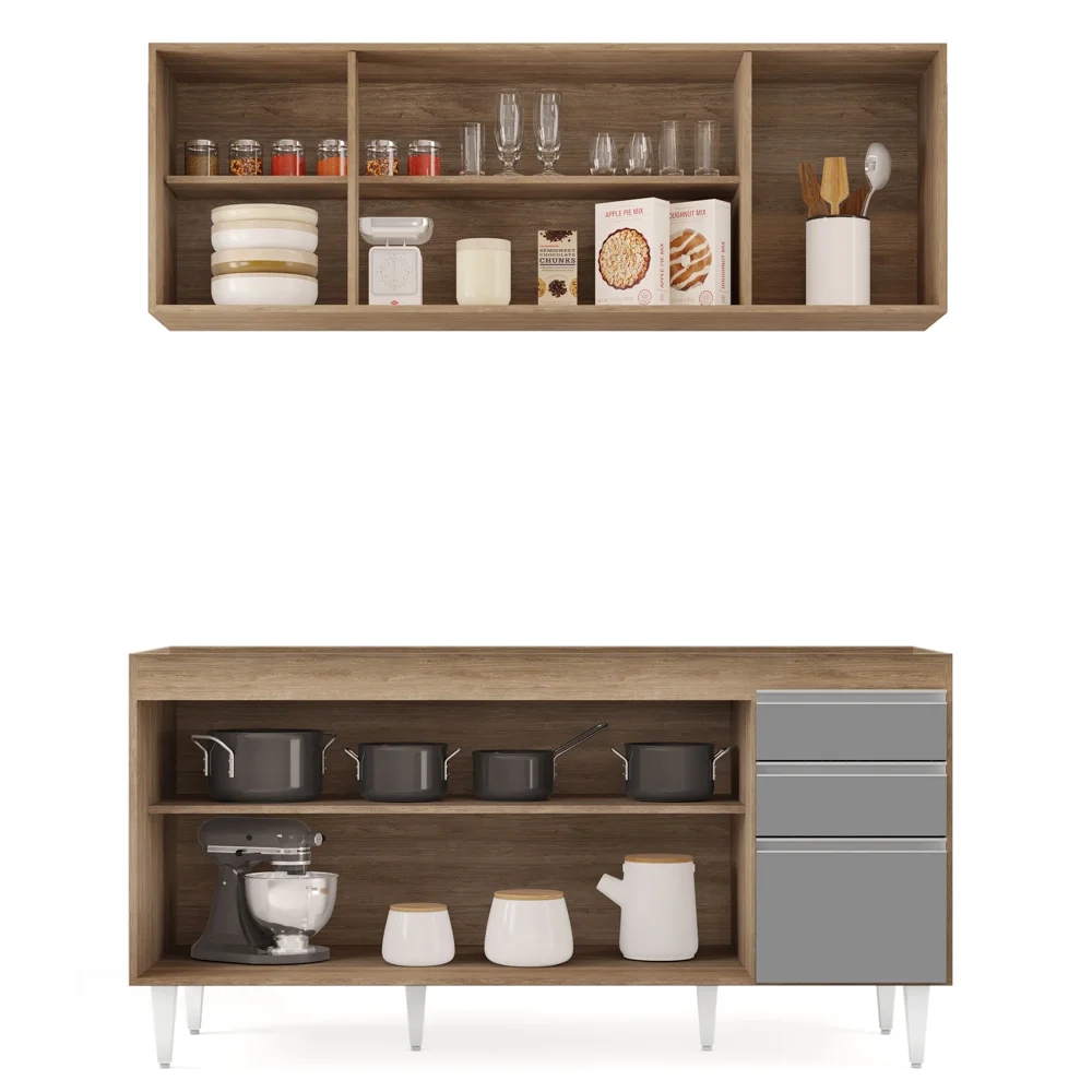 Armário Aéreo Nevada e Balcão Para Pia 160cm Arkansas Castanho/Cinza - Lumil Móveis