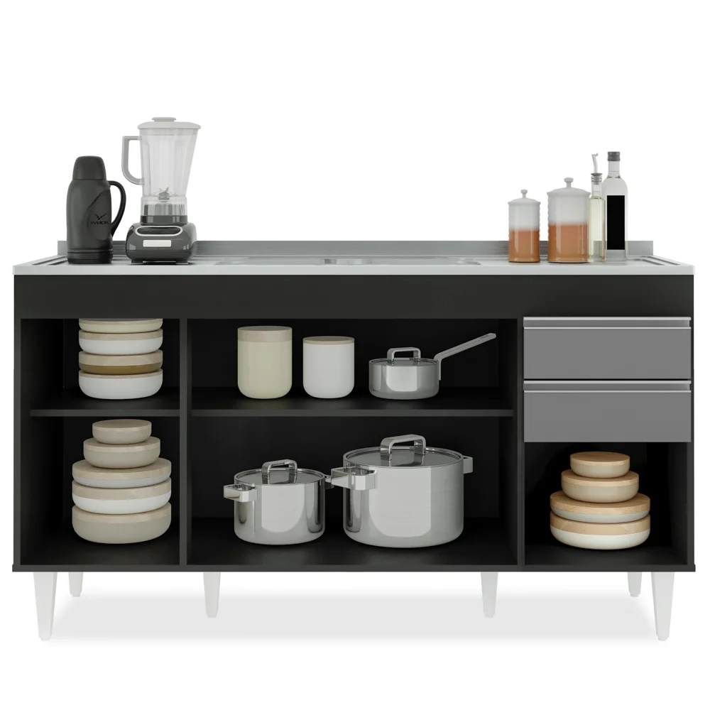 Balcão Gabinete com Pia Inox 150cm Marrocos Preto/Cinza - Lumil