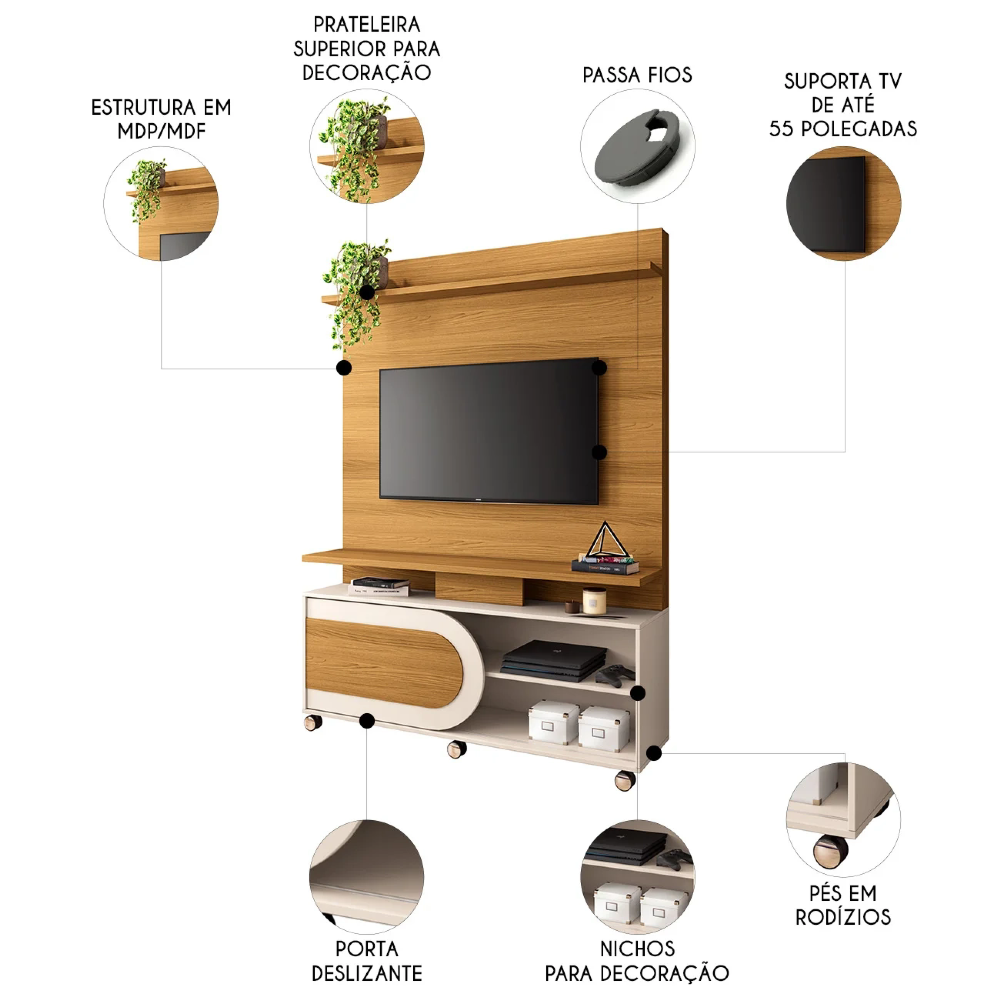 Estante Painel de TV 55 Pol 136cm Órbis Cinamomo/Off White - HB Móveis