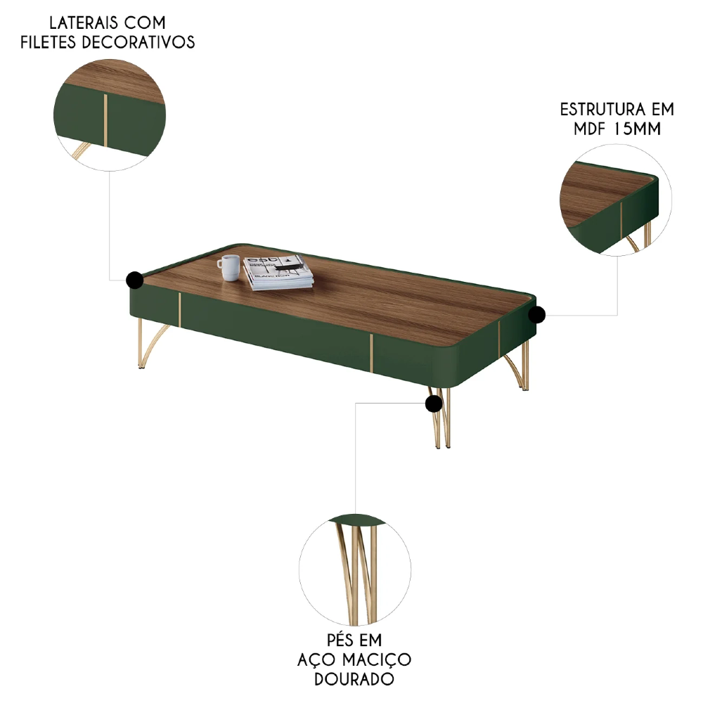 Mesa de Centro Para Sala Pés de Aço Cadenza Pistache/Castanho - HB Móveis