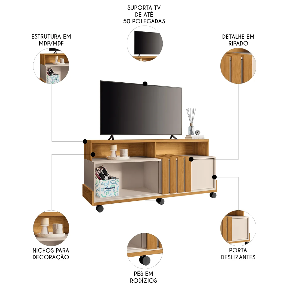 Rack Bancada de TV 50 Pol 136cm Graci Cinamomo/Off White - HB Móveis