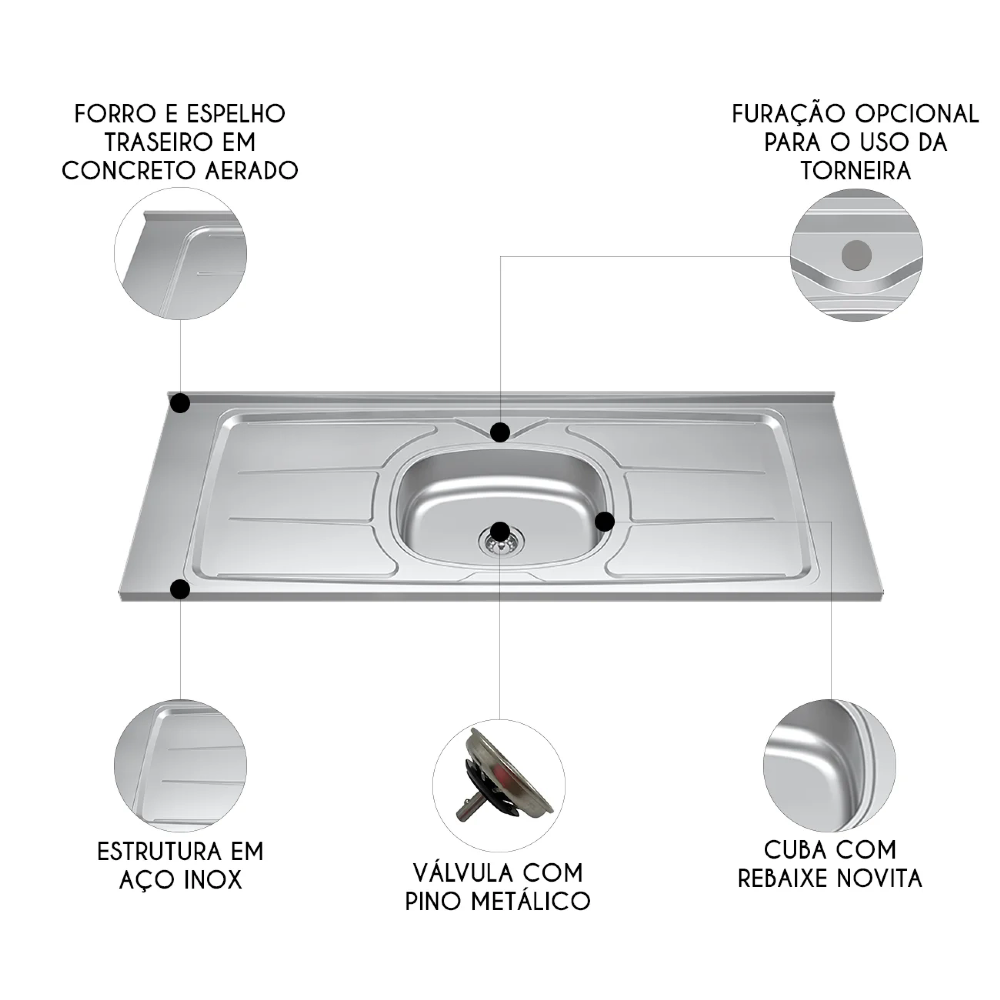 Pia de Cozinha com Cuba e Válvula Bali 140cm Aço Inox - Ghel Plus