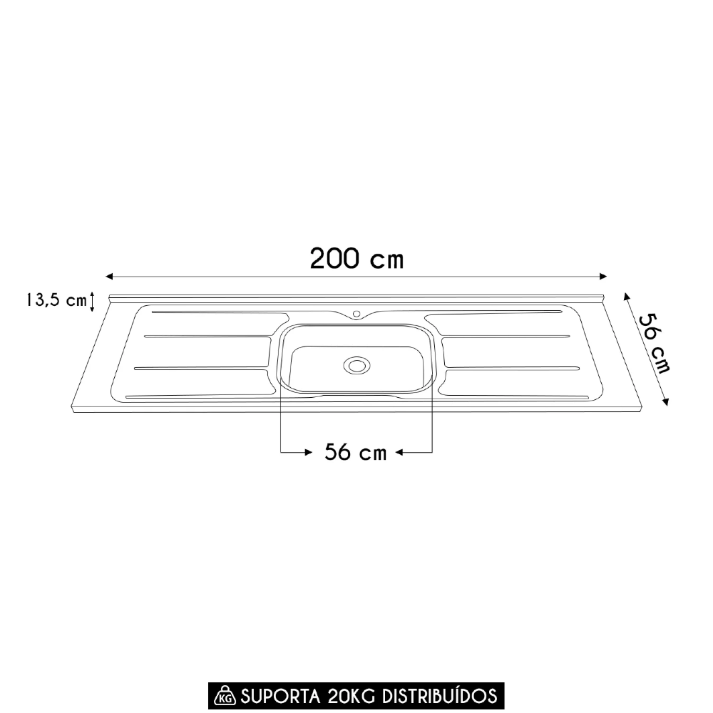 Pia de Cozinha com Cuba e Válvula Bali 200cm Aço Inox - Ghel Plus