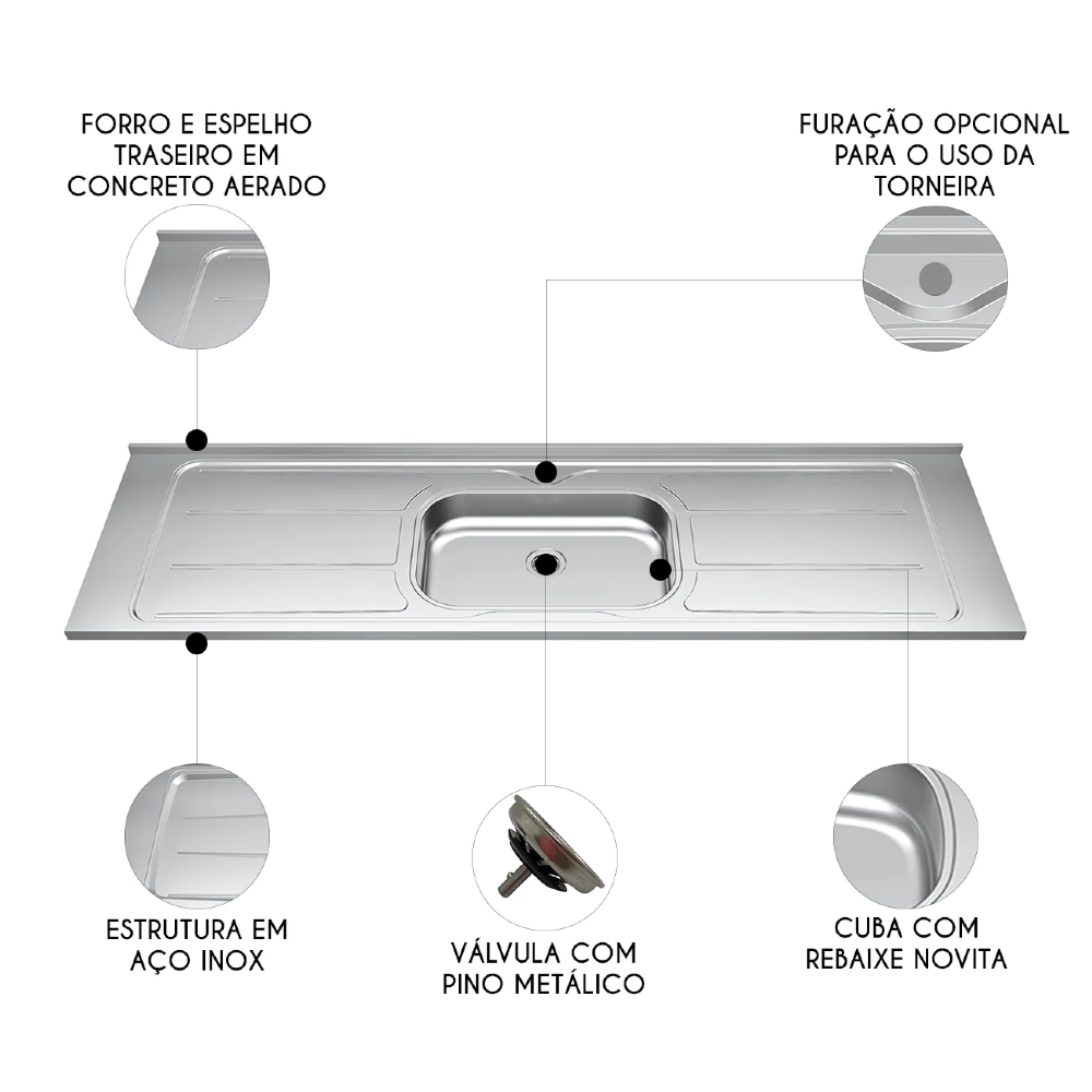 Pia de Cozinha com Cuba e Válvula Bali 200cm Aço Inox - Ghel Plus