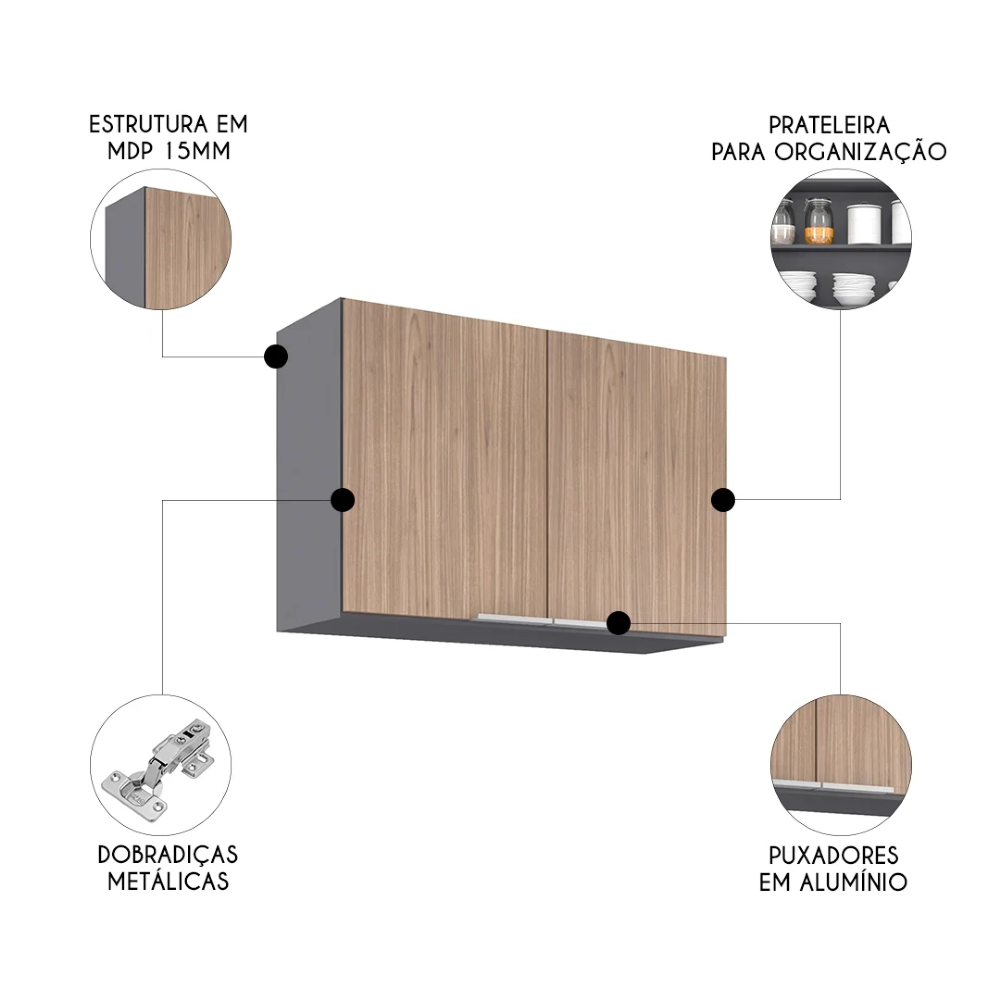 Armário de Cozinha Aéreo 80cm Pérola Z34 Grafite/Freijó     - Mpozenato