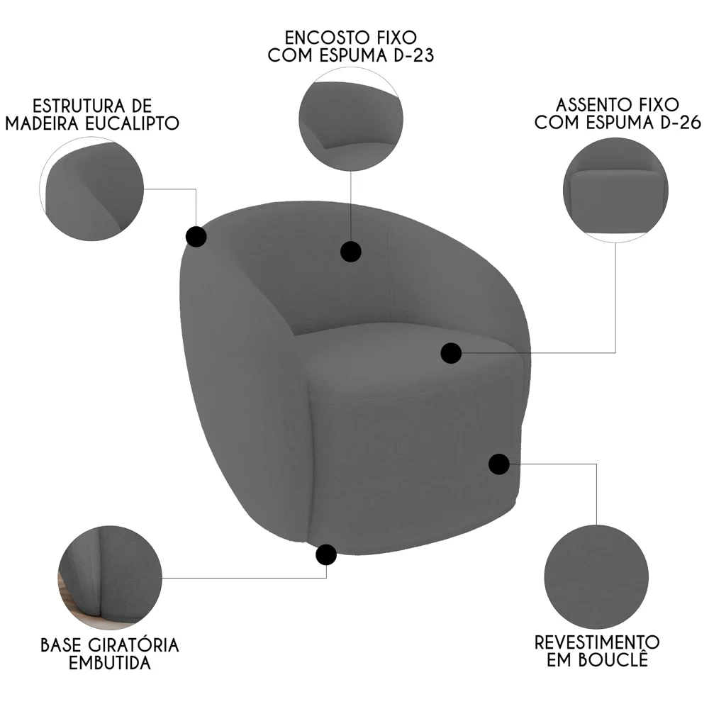 Sofá 2 Lugares Living 160cm e 1 Poltrona Giratória Garbin Z08 Boucle Cinza - Mpozenato