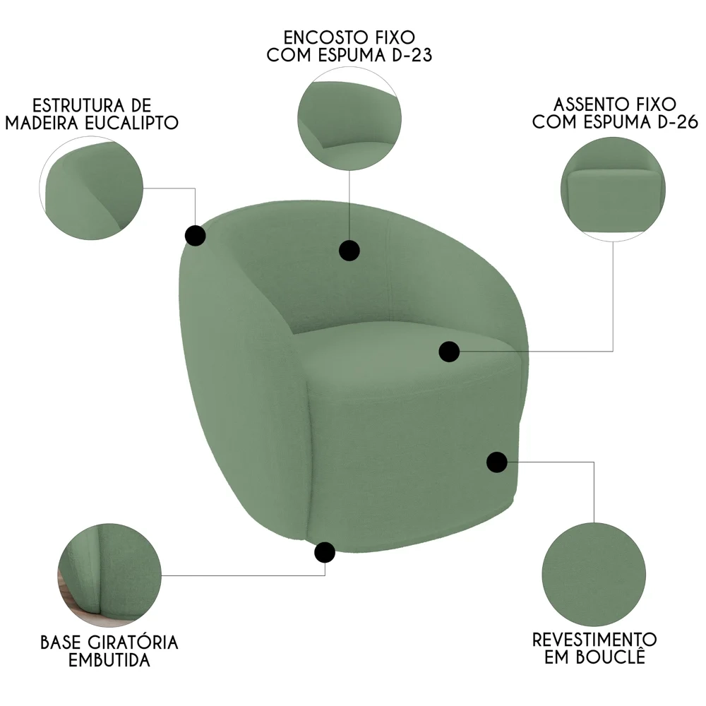 Sofá 2 Lugares Living 160cm e 1 Poltrona Giratória Garbin Z08 Boucle Verde - Mpozenato