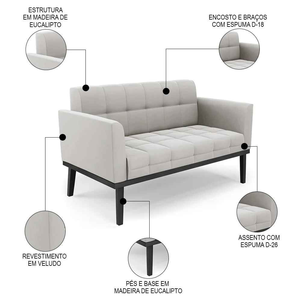 Sofá Namoradeira Base Madeira Preto Ana Veludo Cinza - Ibiza