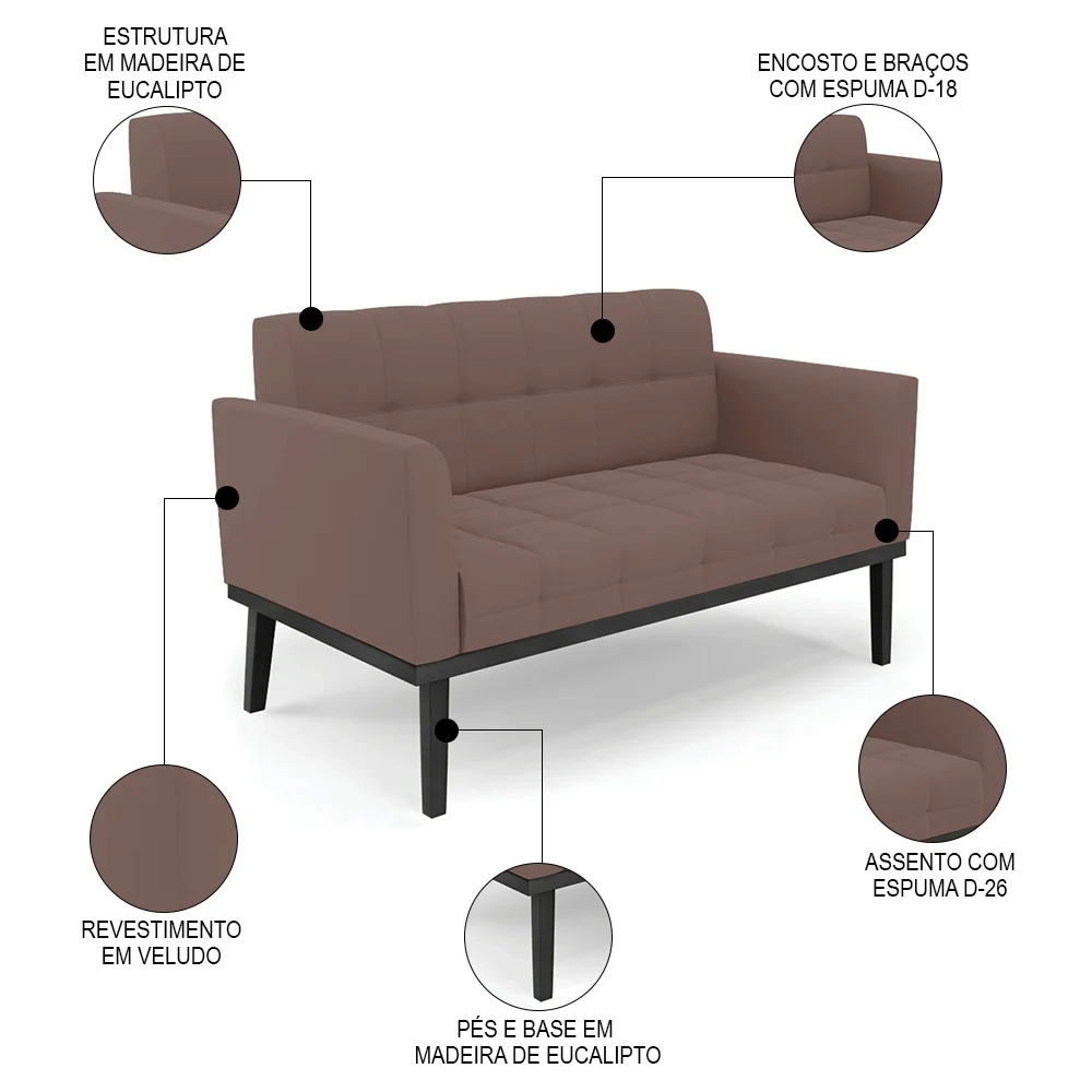 Sofá Namoradeira Base Madeira Preto Ana Veludo Rose - Ibiza