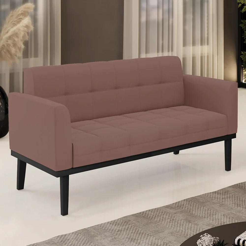 Sofá Namoradeira Base Madeira Preto Ana Veludo Rose - Ibiza