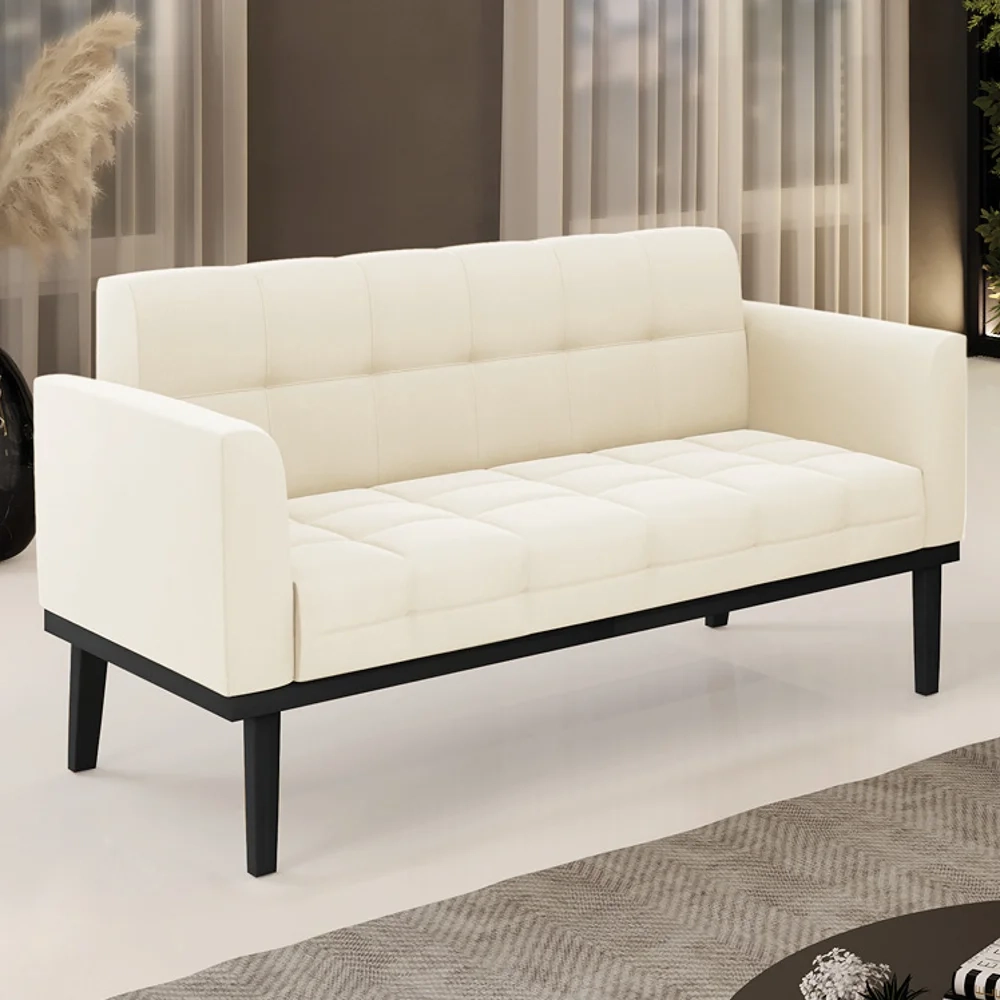 Sofá Namoradeira Base Madeira Preto Ana Veludo Bege - Ibiza