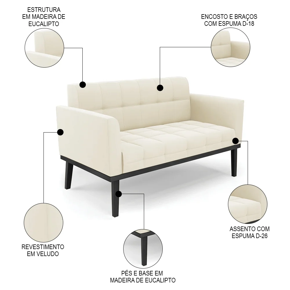 Sofá Namoradeira Base Madeira Preto Ana Veludo Bege - Ibiza