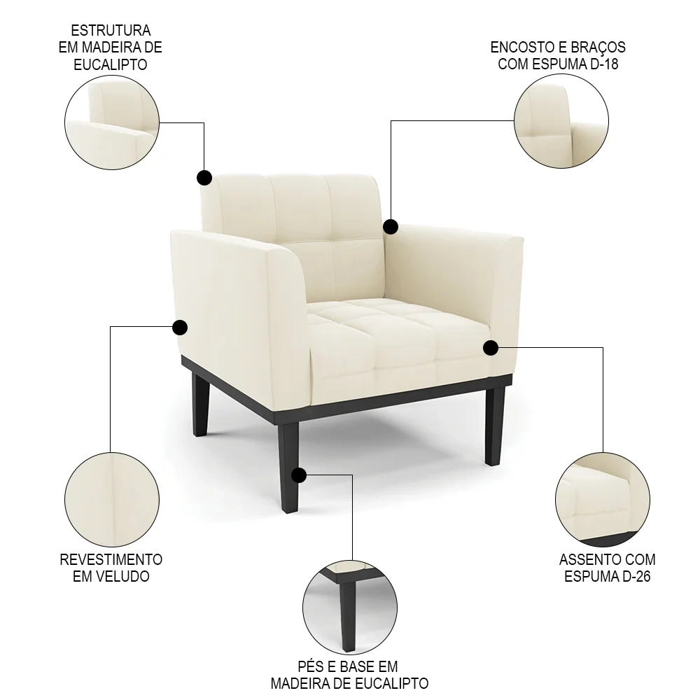 Sofá Namoradeira e 2 Poltronas Base Madeira Preto Ana Veludo Bege - Ibiza