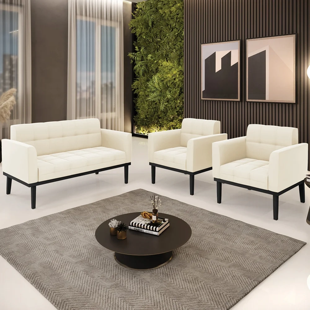 Sofá Namoradeira e 2 Poltronas Base Madeira Preto Ana Veludo Bege - Ibiza