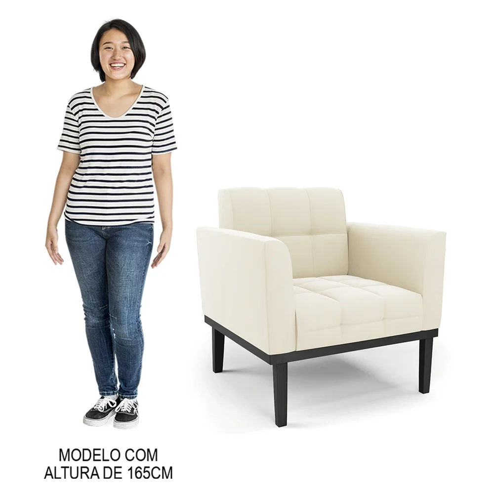 Sofá Namoradeira e 2 Poltronas Base Madeira Preto Ana Veludo Bege - Ibiza