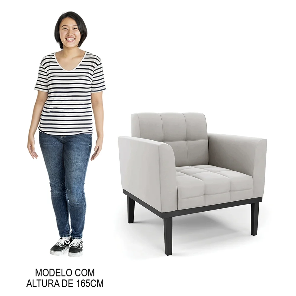 Sofá Namoradeira e 2 Poltronas Base Madeira Preto Ana Veludo Cinza - Ibiza