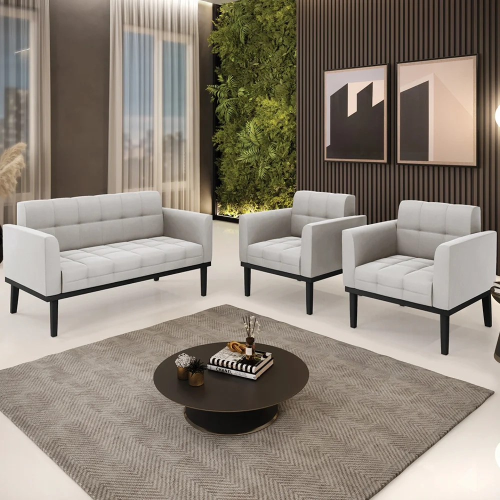 Sofá Namoradeira e 2 Poltronas Base Madeira Preto Ana Veludo Cinza - Ibiza