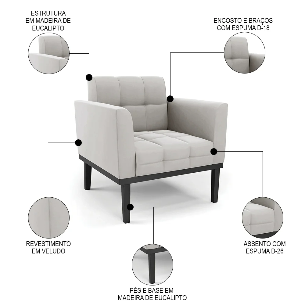 Sofá Namoradeira e 2 Poltronas Base Madeira Preto Ana Veludo Cinza - Ibiza