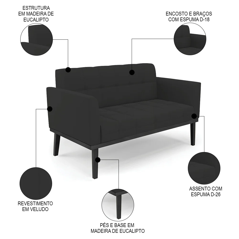 Sofá Namoradeira e 2 Poltronas Base Madeira Preto Ana Veludo Preto - Ibiza