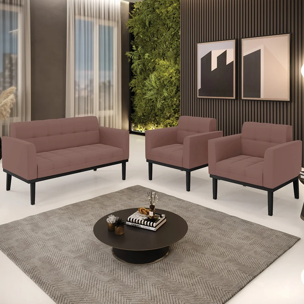 Sofá Namoradeira e 2 Poltronas Base Madeira Preto Ana Veludo Rosê - Ibiza