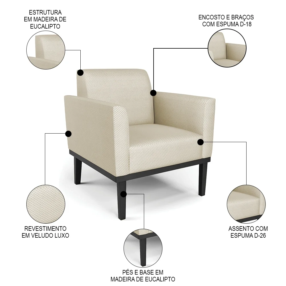 Sofá Namoradeira e 2 Poltronas Base Madeira Preto Maressa Veludo Luxo Off White - Ibiza