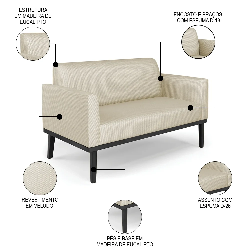 Sofá Namoradeira e 2 Poltronas Base Madeira Preto Maressa Veludo Luxo Off White - Ibiza