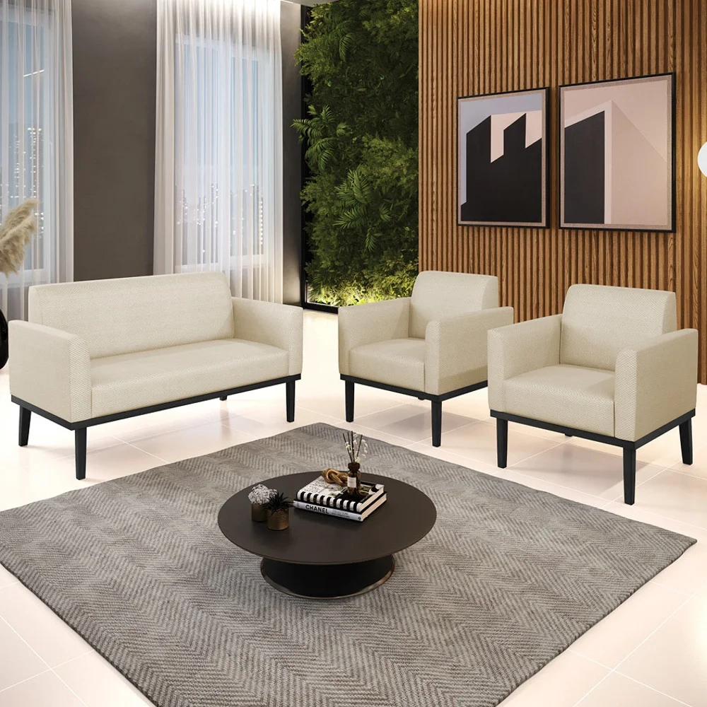 Sofá Namoradeira e 2 Poltronas Base Madeira Preto Maressa Veludo Luxo Off White - Ibiza