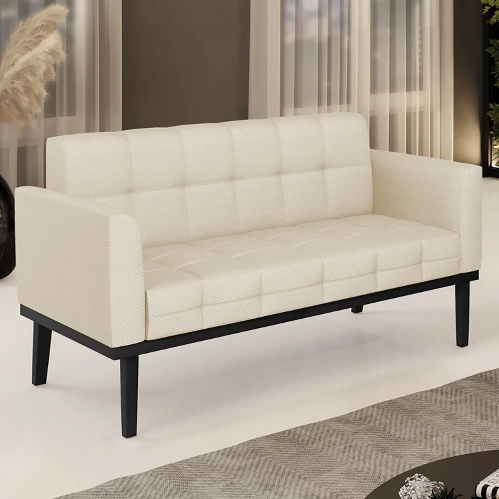 Sofá Namoradeira Base Madeira Preto Ana Veludo Luxo Off White - Ibiza