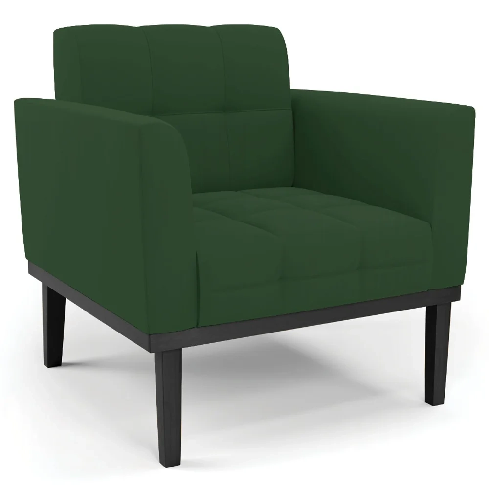 Sofá Namoradeira e 2 Poltronas Base Madeira Preto Ana Veludo Verde - Ibiza