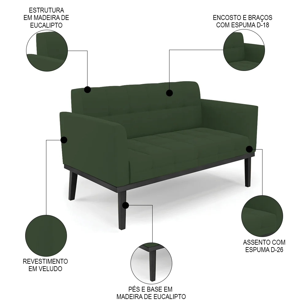 Sofá Namoradeira e 2 Poltronas Base Madeira Preto Ana Veludo Verde - Ibiza