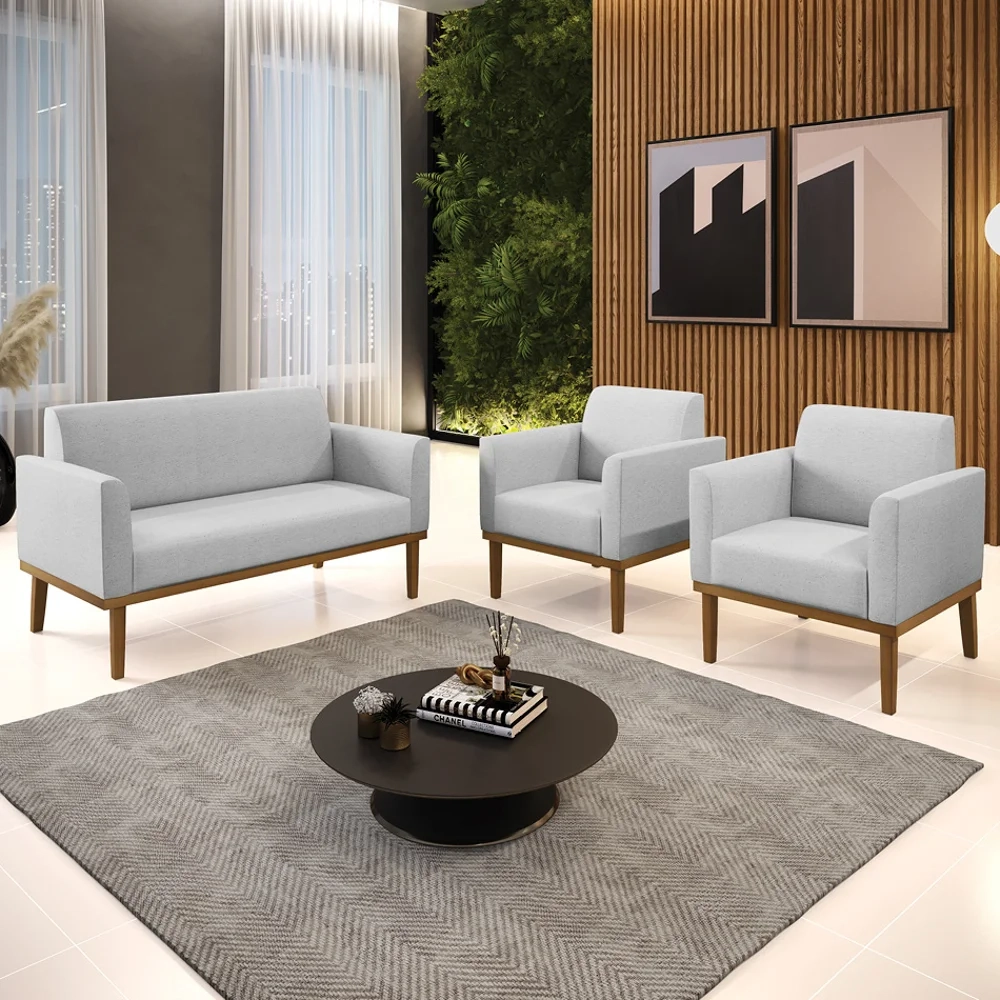 Sofá Namoradeira e 2 Poltronas Base Madeira Castanho Maressa Linho Cinza - Ibiza