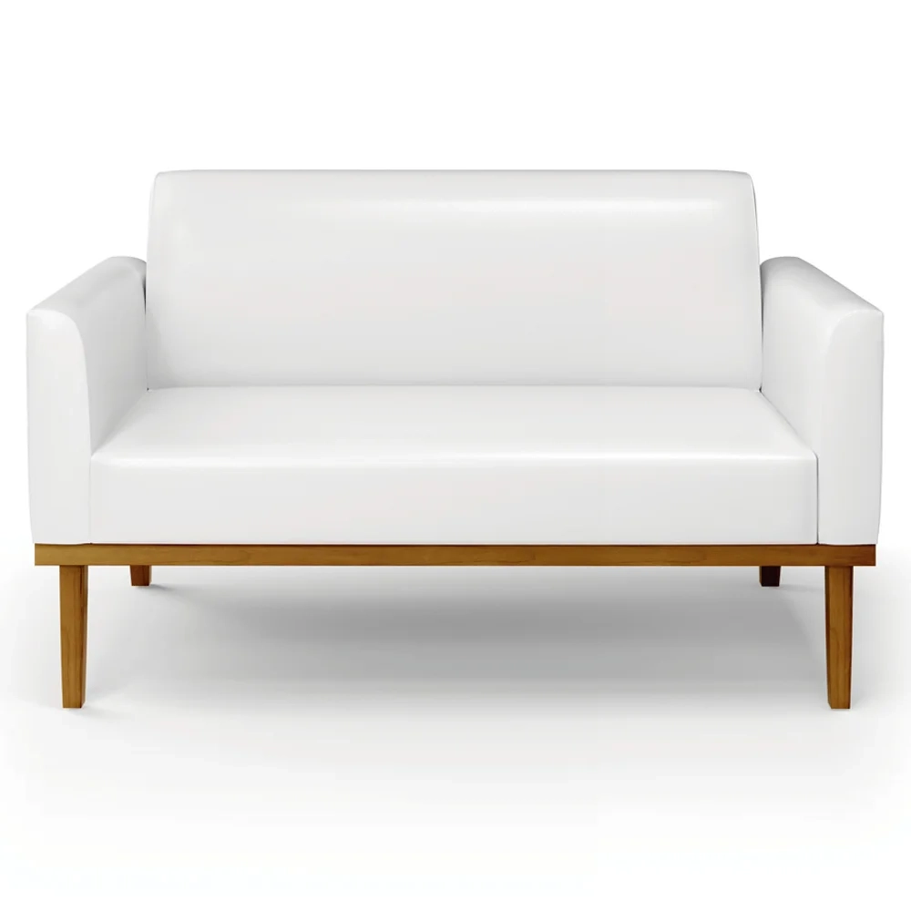 Sofá Namoradeira e 1 Poltrona Base Madeira Castanho Maressa Sintético PU Branco - Ibiza