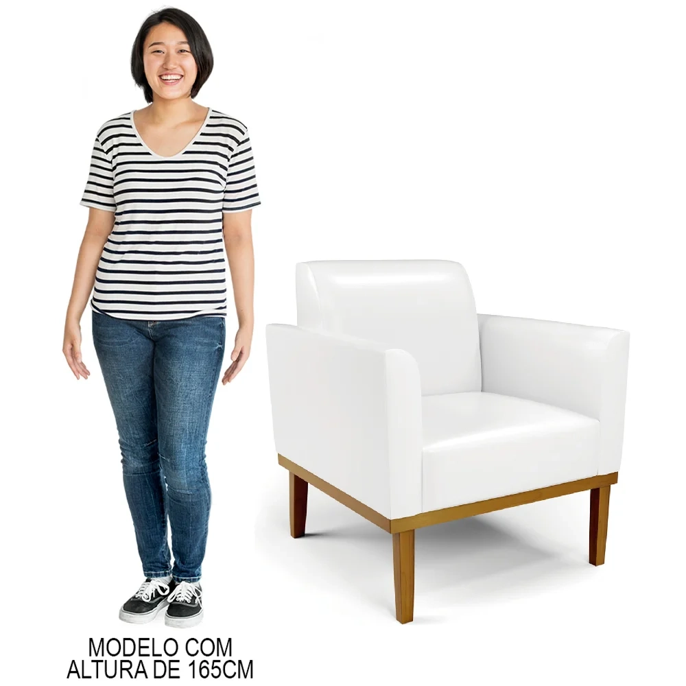 Sofá Namoradeira e 1 Poltrona Base Madeira Castanho Maressa Sintético PU Branco - Ibiza